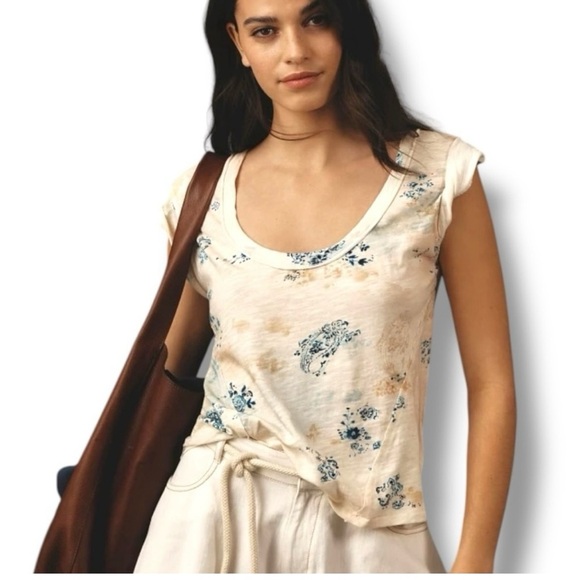 Pilcro Anthropologie Watercolor Paisley Floral Raw Seamed 100% Cotton Tee sz M - Picture 1 of 10